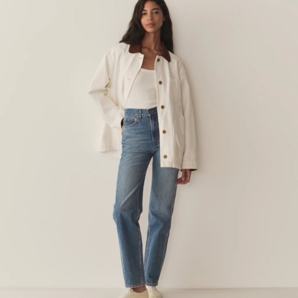 NWT Doen Pascual Cotton Denim Jean Corduroy Collar Button Barn Jacket Salt White - Picture 3 of 14